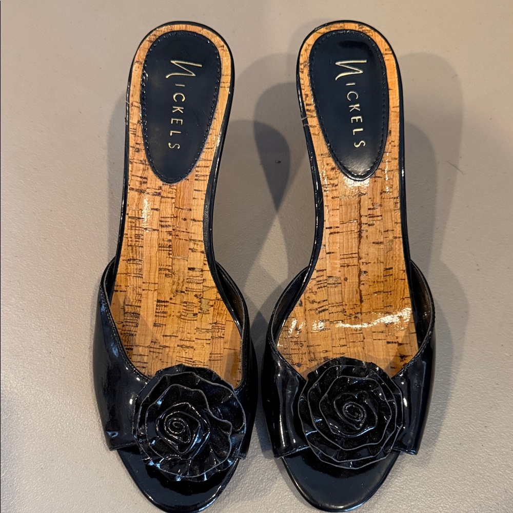Nickels Glossy Black Mules with Rose Accent